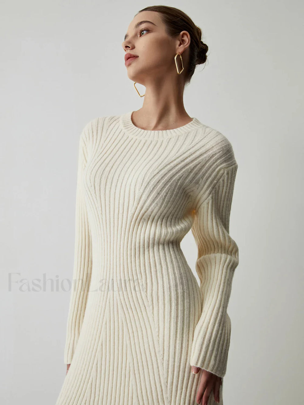 Cream Rib Long Trendy Sleeve Short Sweater Dress Sweaters L