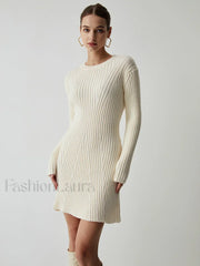 Cream Rib Long Trendy Sleeve Short Sweater Dress White / XS Sweaters L