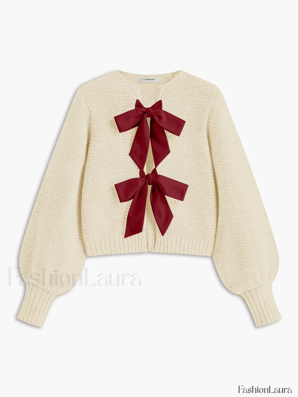 Crew Neck Bow Knit Top Beige / XS Knit Tops