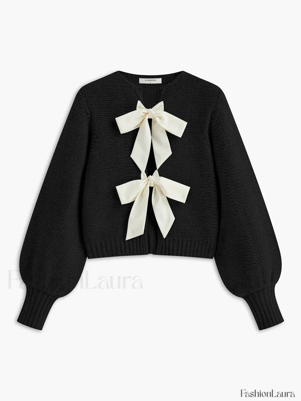 Crew Neck Bow Knit Top Black / XS Knit Tops