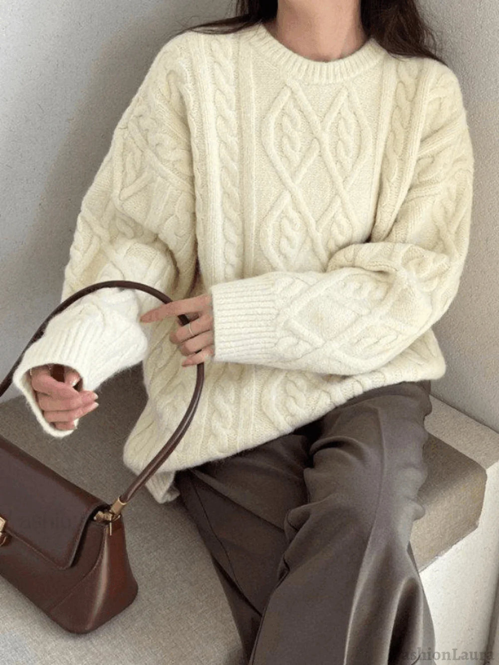 Crew Neck Cable Knit Pullover Sweater Beige / ONE SIZE Sweaters