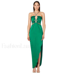 Crisscross Trim Ruched Cut Out Sleeveless Slit Gown Maxi Dress Green S / Green Formal Dresses