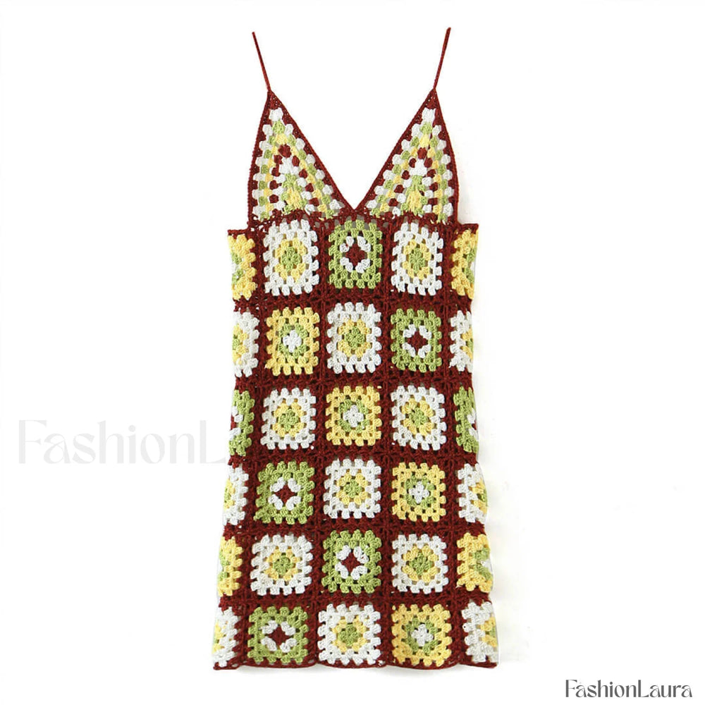 Crochet Knit Granny Square Patterns Slip Mini Dress Burgundy One Size / Burgundy Sweater Dresses
