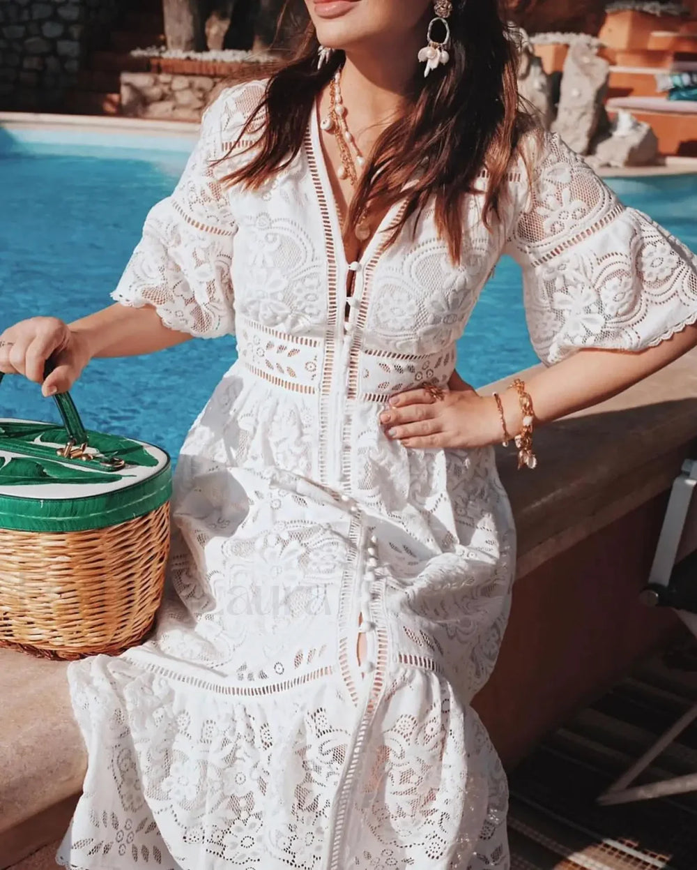 Crochet Knitted Set Boho Dress WHITE / S