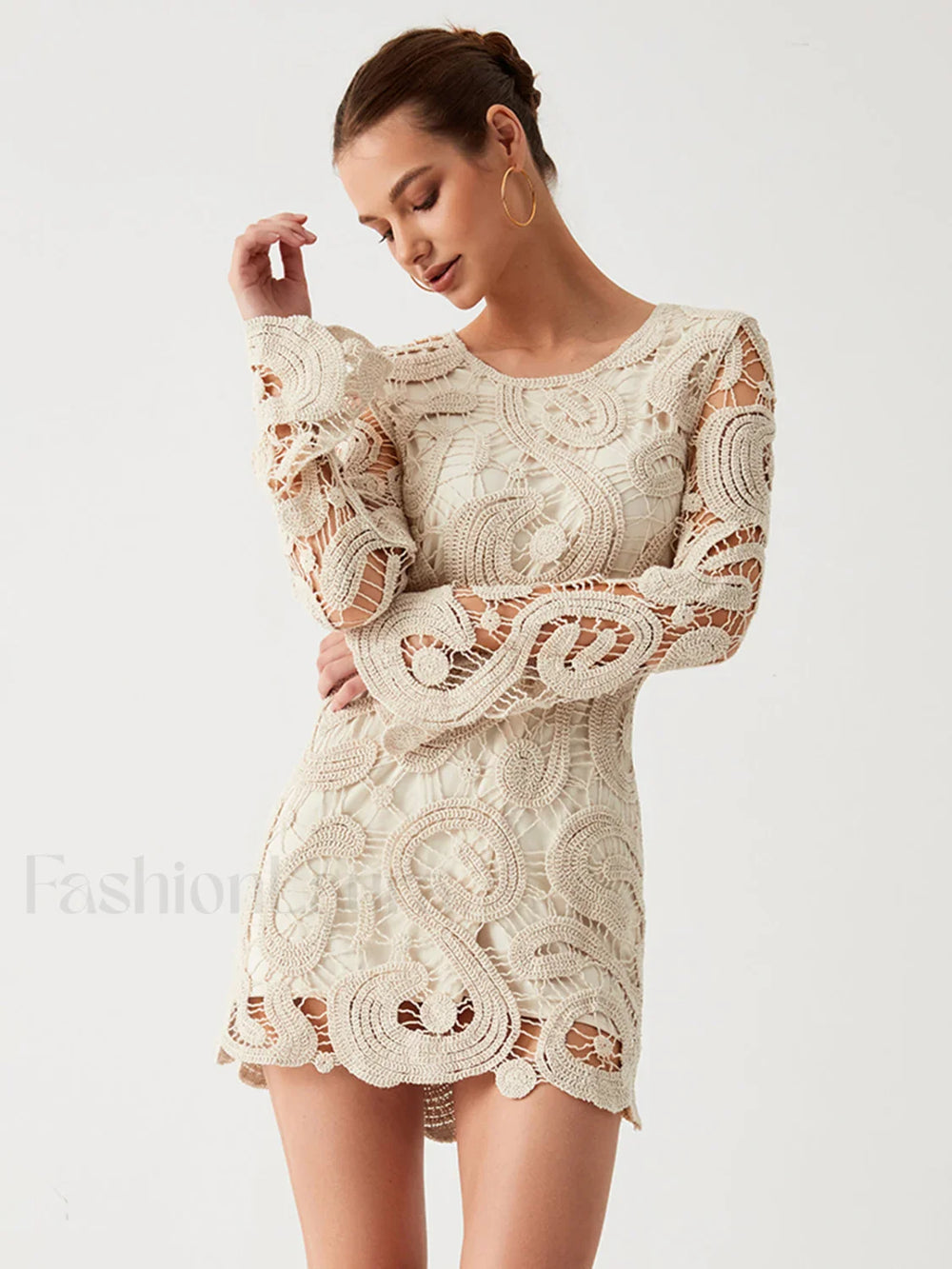 Crochet Paisley Long Trendy Sleeve Short Dress Apricot / XS Sweaters L