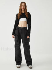 Crocheted Cable Knit Trendy Long Sleeve Crop Top Sweaters L