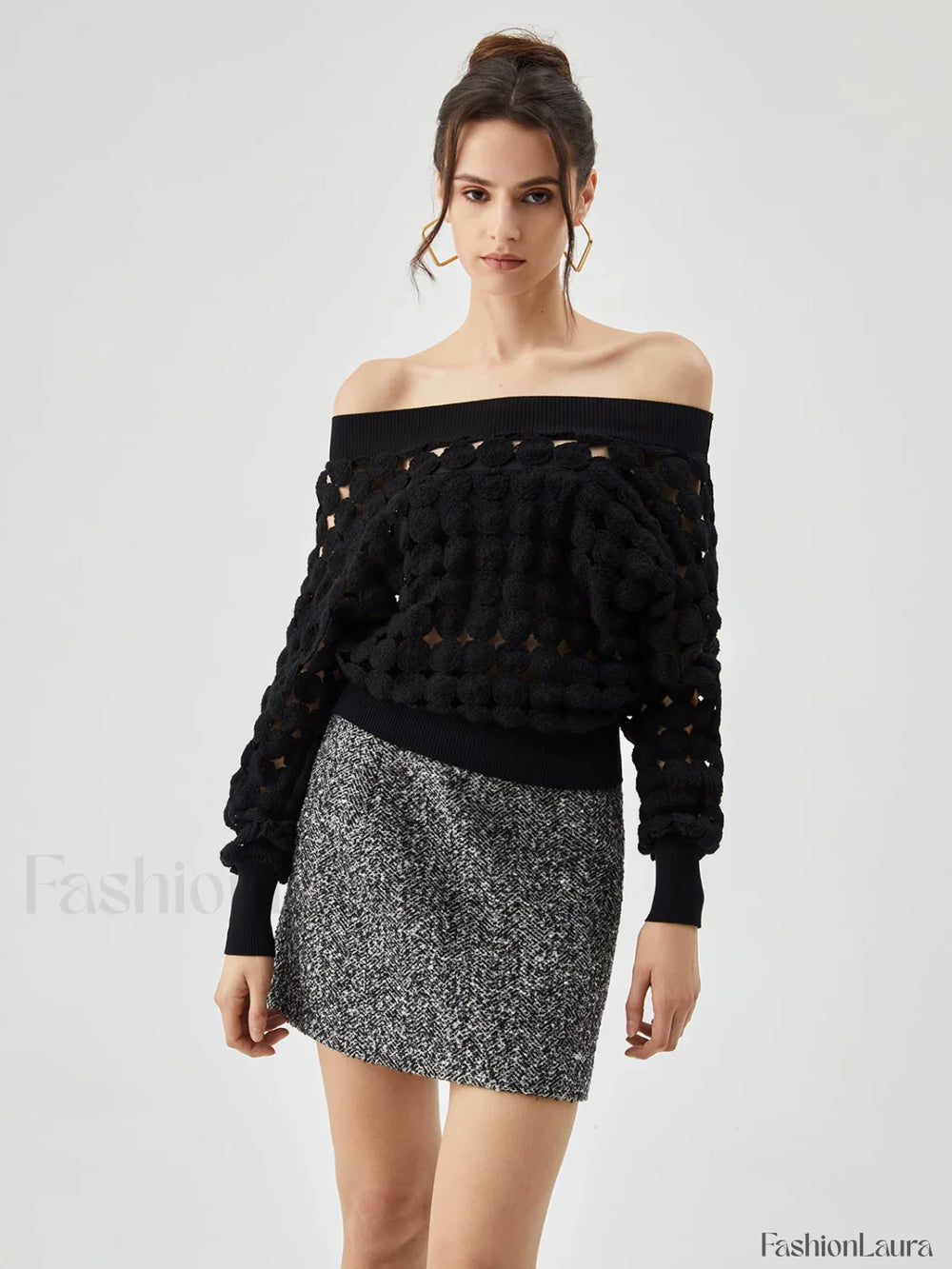 Crocheted Circle Hollow Trendy Off Shoulder Blouse Blouses