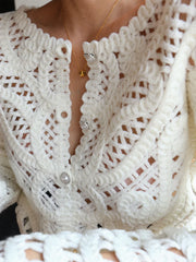 Crocheted Hollow Graceful Beaded Button Cardigan Sweaters L