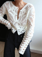 Crocheted Hollow Graceful Beaded Button Cardigan Sweaters L