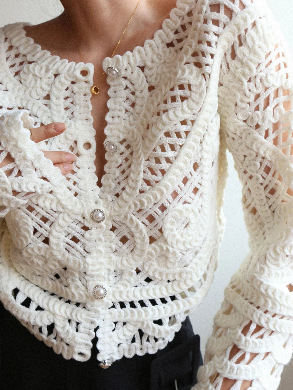 Crocheted Hollow Graceful Beaded Button Cardigan Sweaters L