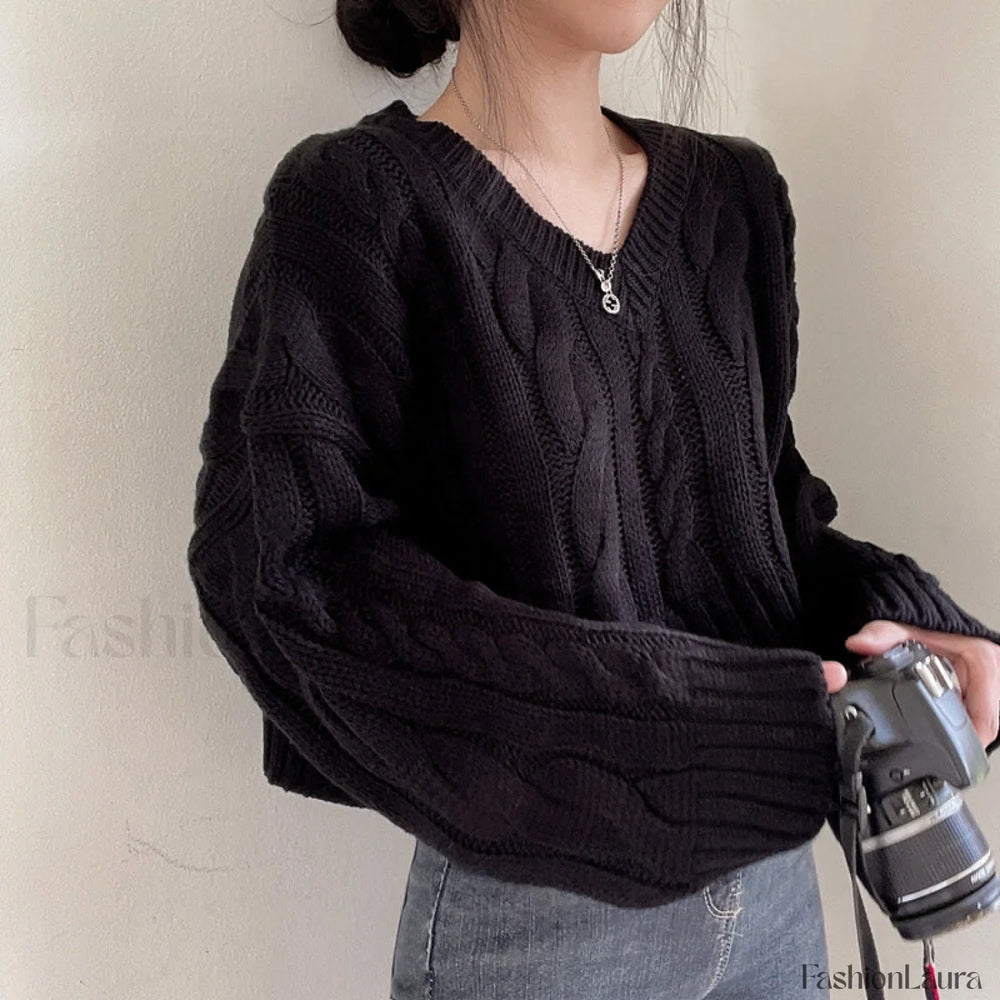 Cropped Brown Cable Knit Sweater Black / One size Sweaters