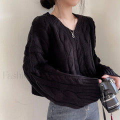 Cropped Brown Cable Knit Sweater Black / One size Sweaters