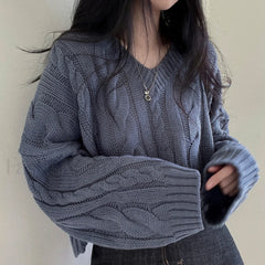 Cropped Brown Cable Knit Sweater Dark blue / One size Sweaters