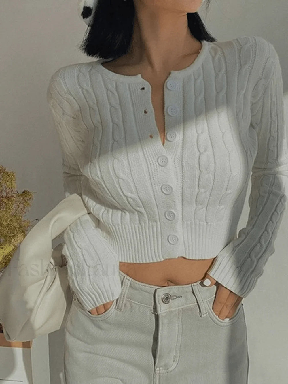 Cropped Button Cable Knit Cardigan Sweaters