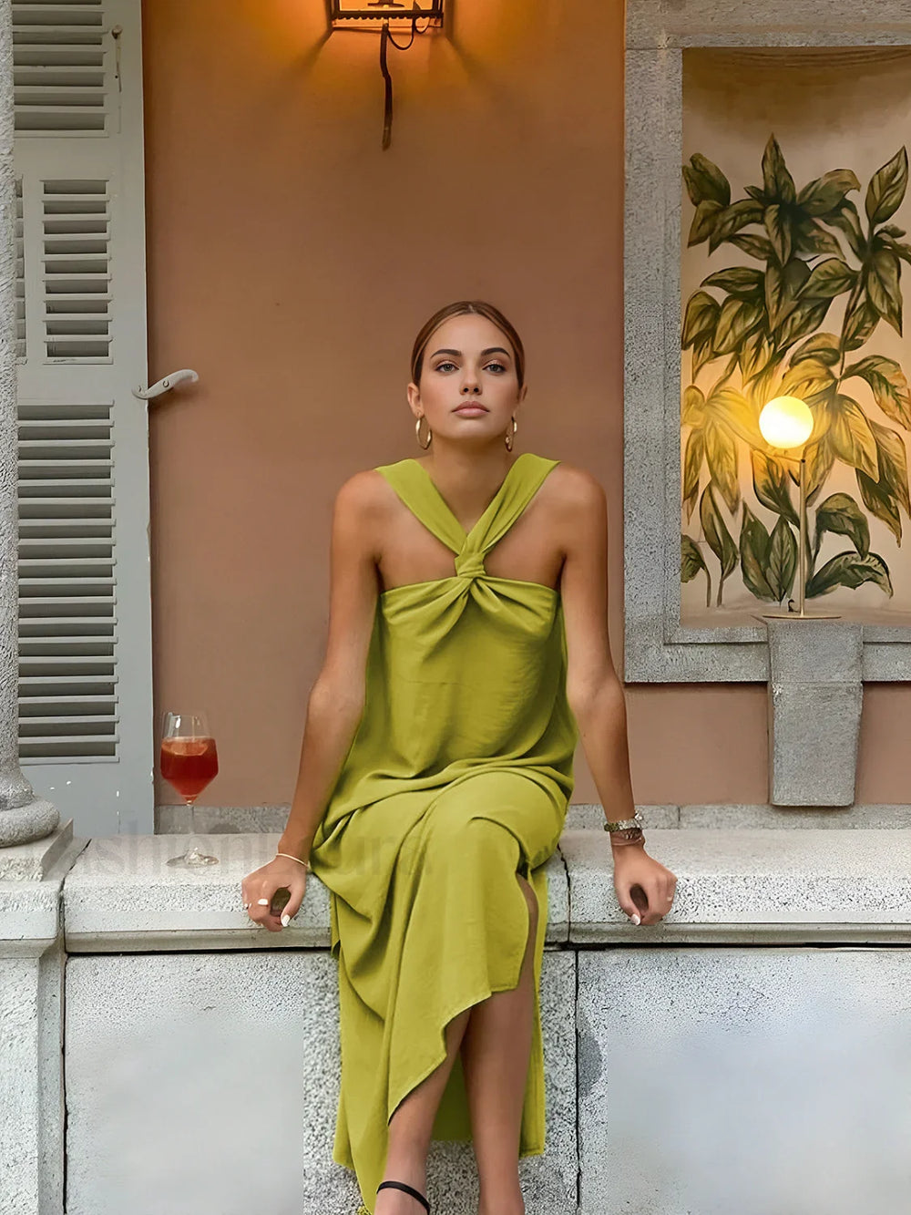 Cross Halter Split Long Dress Green / XS Dresses