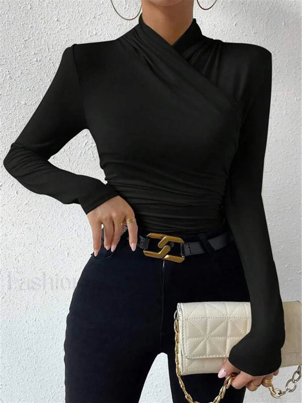 Cross Over Collar Pleated Cinched T Shirt T Shirts