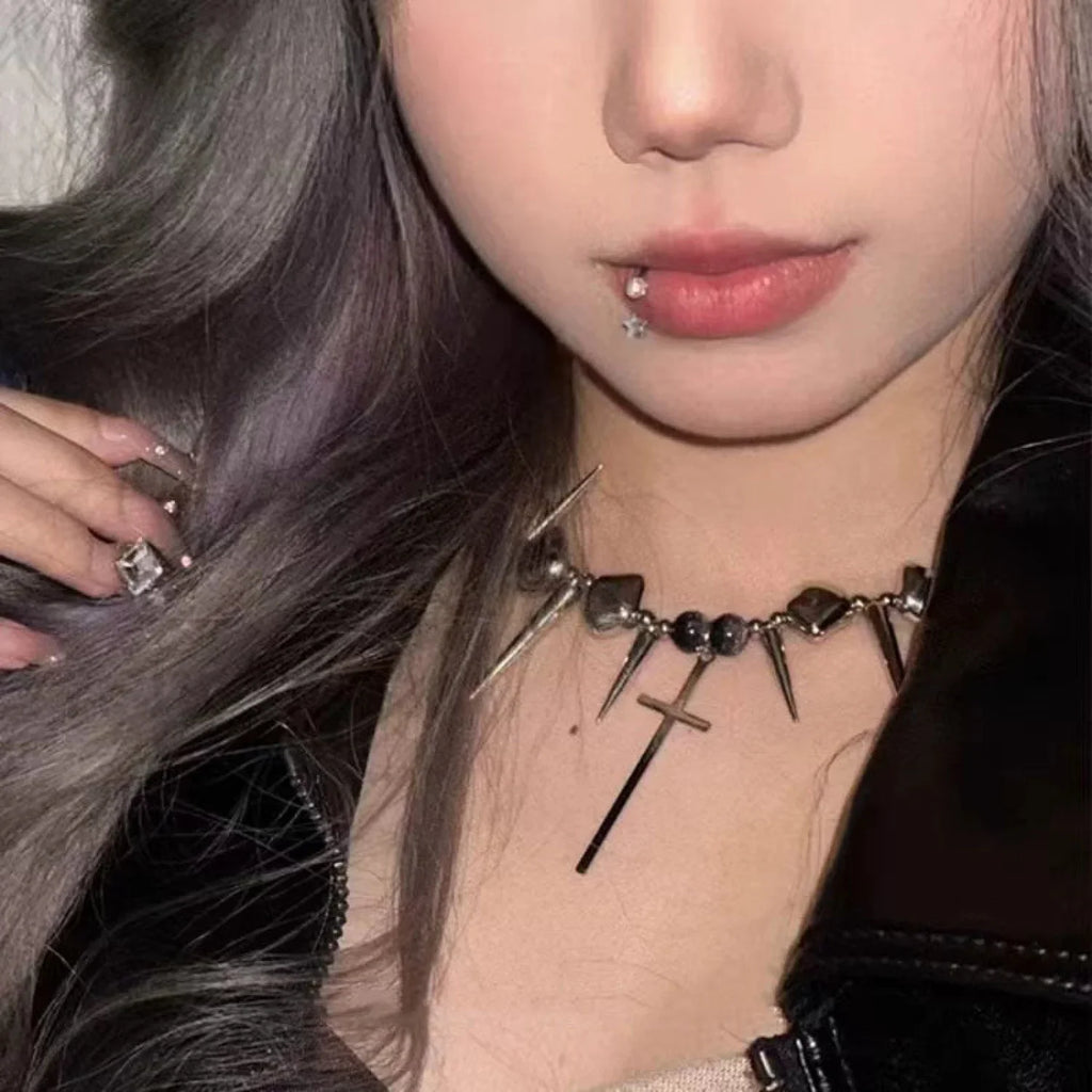 Cross Rivet Exaggerated Y2K Necklace SILVER