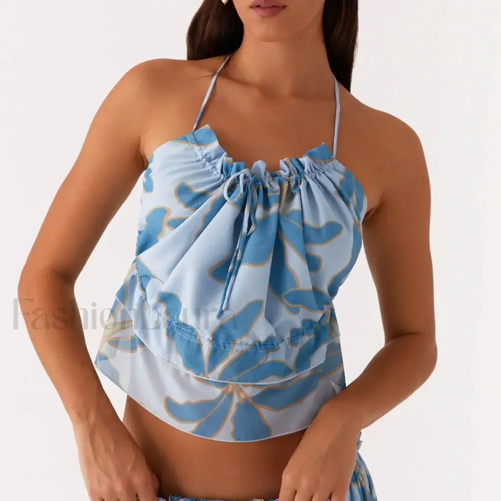 Cross Strap Ruffle Backless Crop Top Blue / S