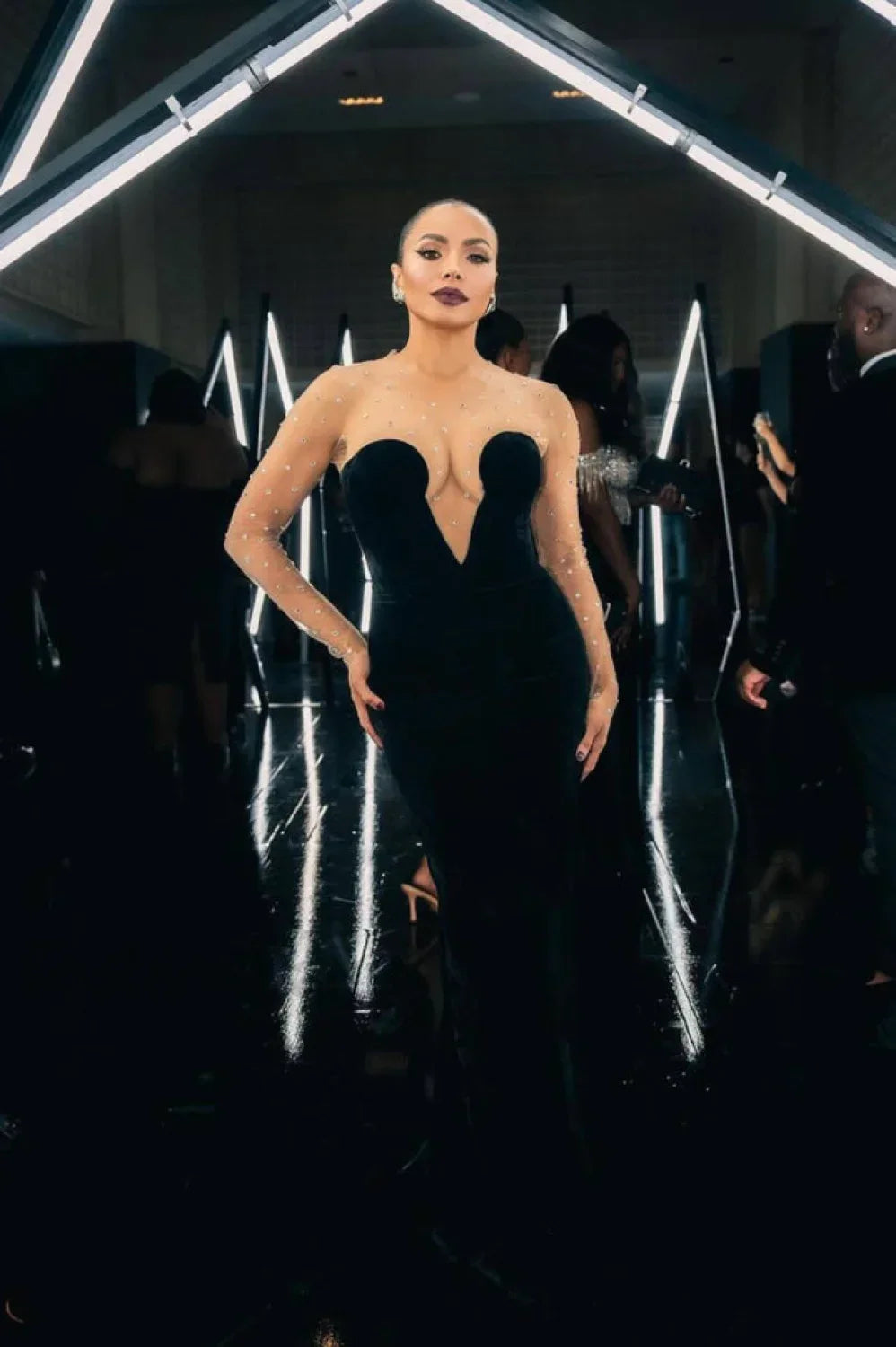 Crystal Mesh Long Charming Sleeve Velvet Dress