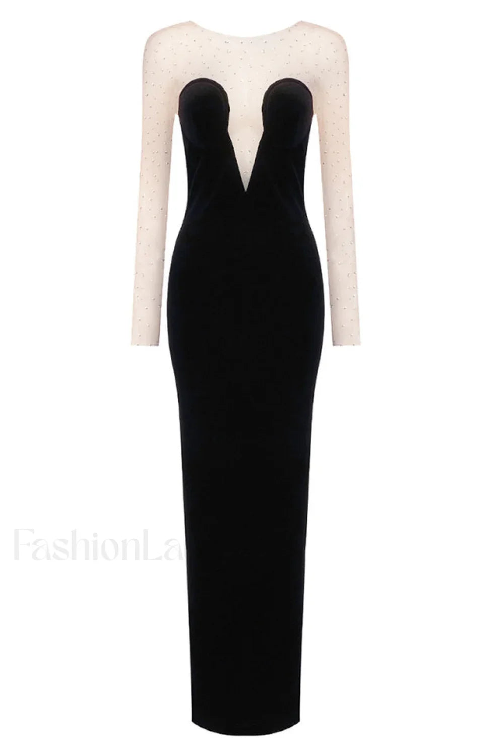 Crystal Mesh Long Charming Sleeve Velvet Dress XS / Black