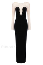 Crystal Mesh Long Charming Sleeve Velvet Dress XS / Black