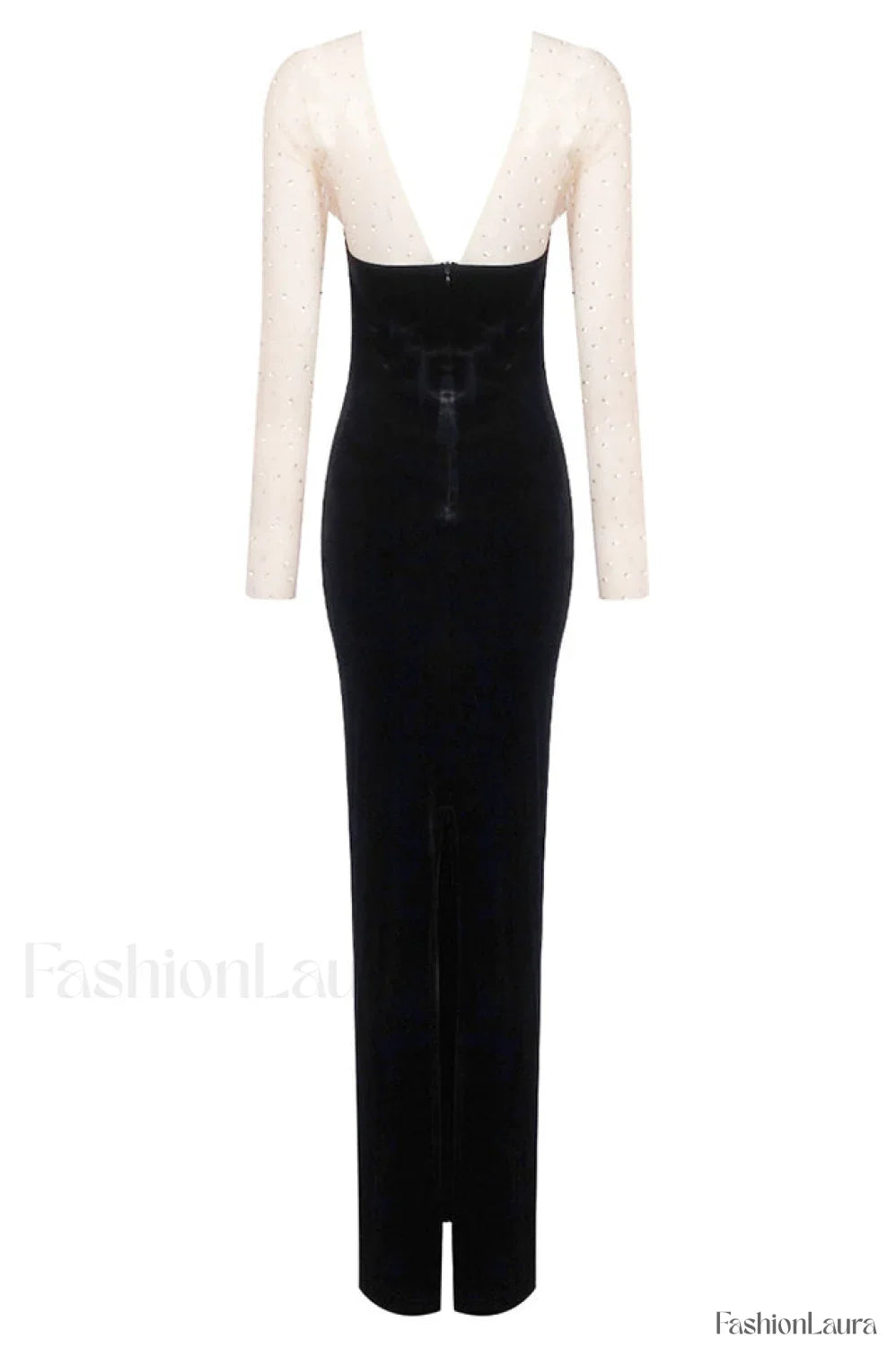 Crystal Mesh Long Charming Sleeve Velvet Dress