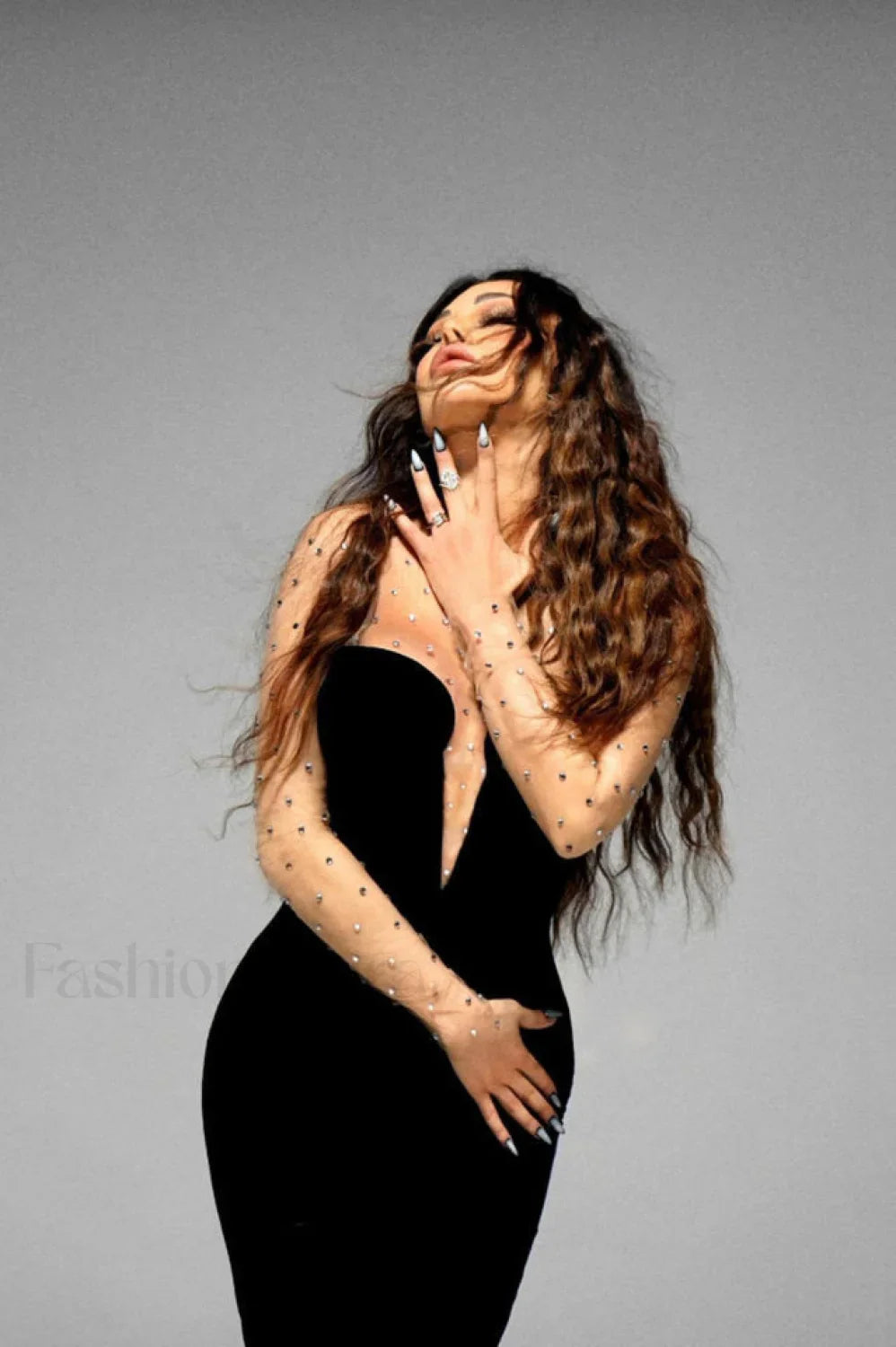 Crystal Mesh Long Charming Sleeve Velvet Dress