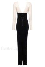 Crystal Mesh Long Charming Sleeve Velvet Dress