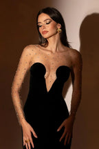 Crystal Mesh Long Charming Sleeve Velvet Dress