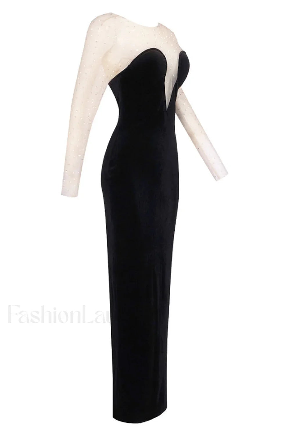 Crystal Mesh Long Charming Sleeve Velvet Dress