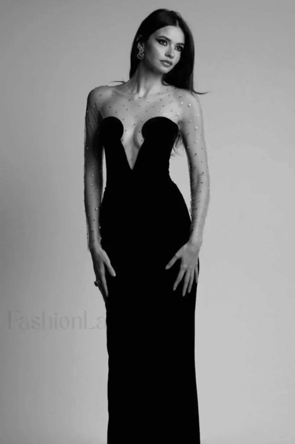 Crystal Mesh Long Charming Sleeve Velvet Dress