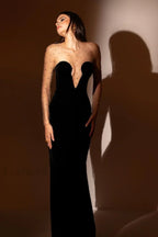 Crystal Mesh Long Charming Sleeve Velvet Dress