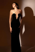 Crystal Mesh Long Charming Sleeve Velvet Dress