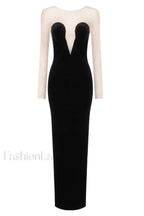 Crystal Mesh Long Charming Sleeve Velvet Dress XS / Black