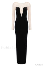 Crystal Mesh Long Charming Sleeve Velvet Dress XS / Black