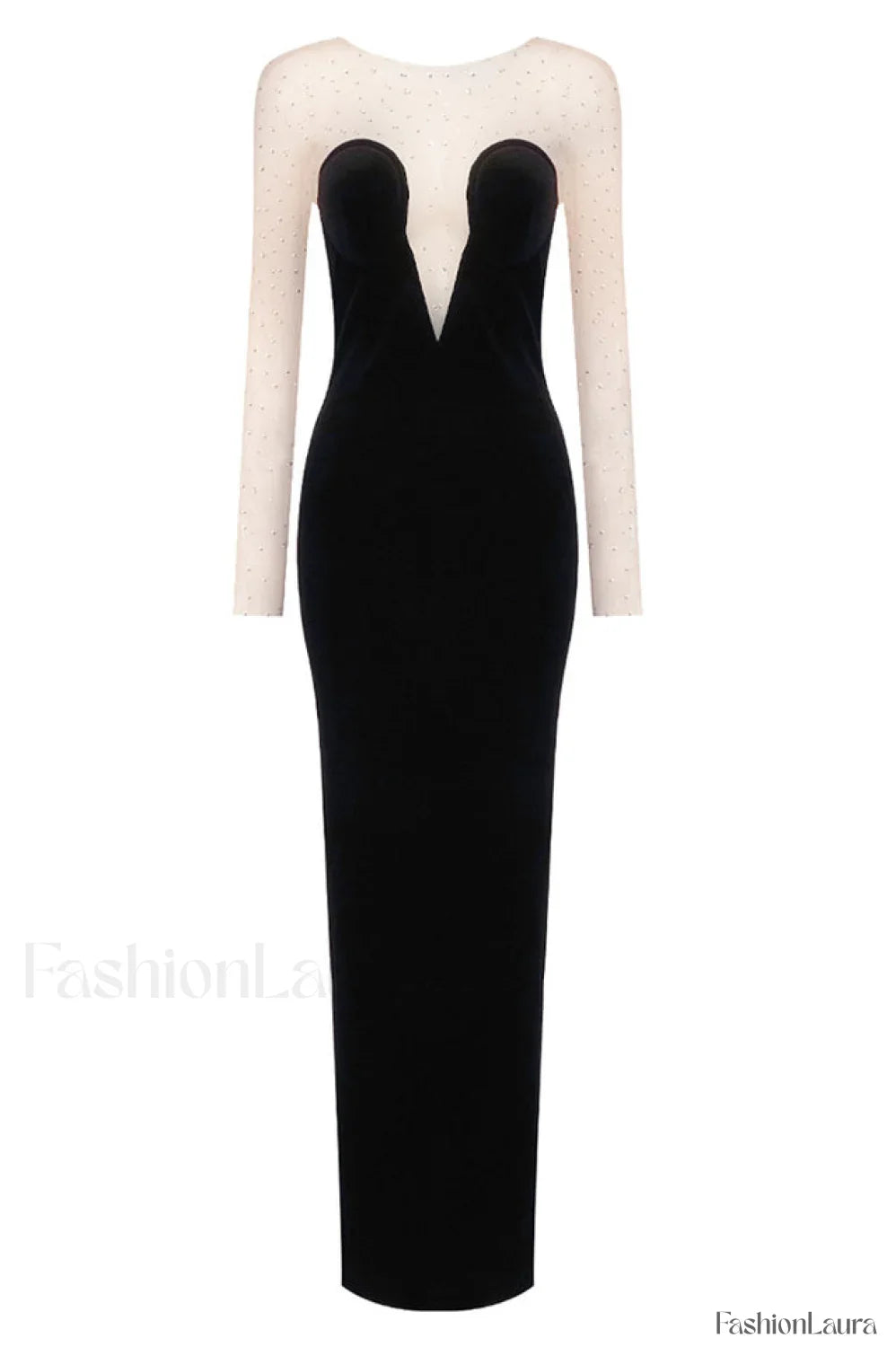 Crystal Mesh Long Charming Sleeve Velvet Dress XS / Black