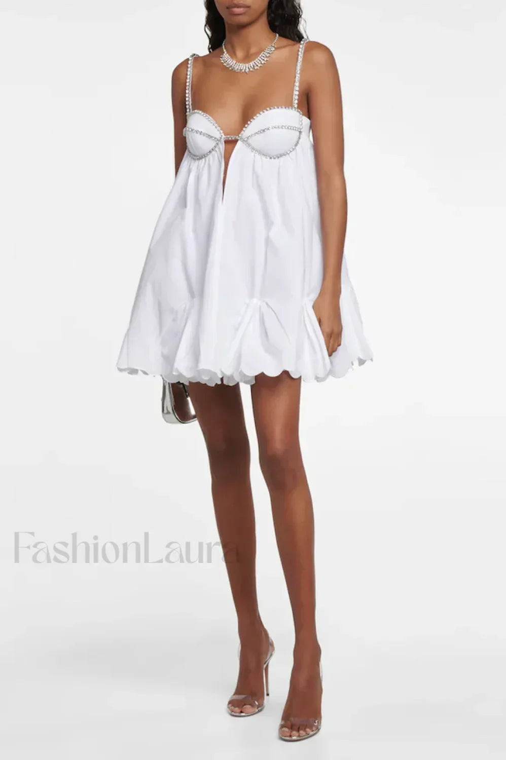 Crystal Trimmed Stylish Scallop Mini Dress