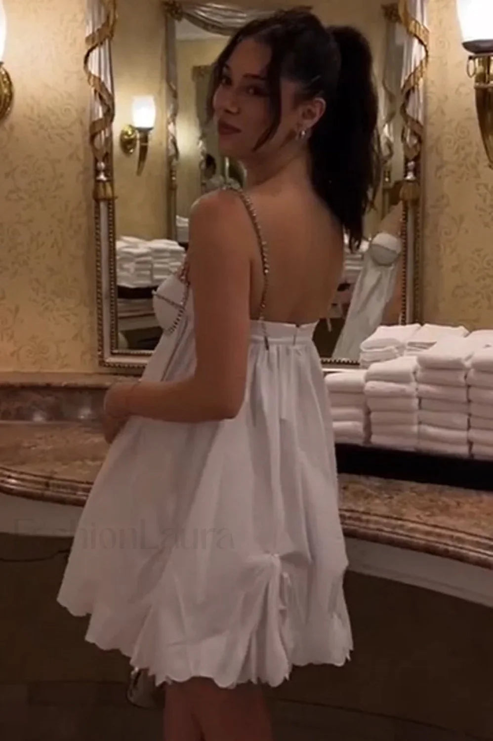 Crystal Trimmed Stylish Scallop Mini Dress