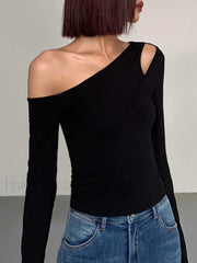 Cut Out Asymmetric Off Shoulder Slinky Long Sleeve Shirt T Shirts