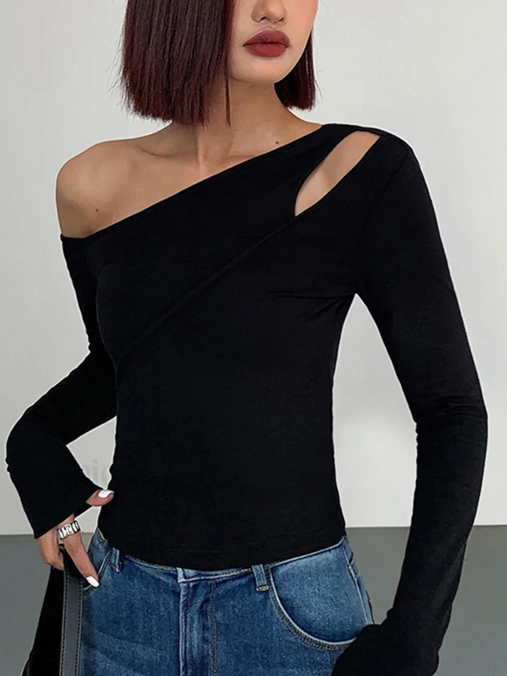 Cut Out Asymmetric Off Shoulder Slinky Long Sleeve Shirt T Shirts