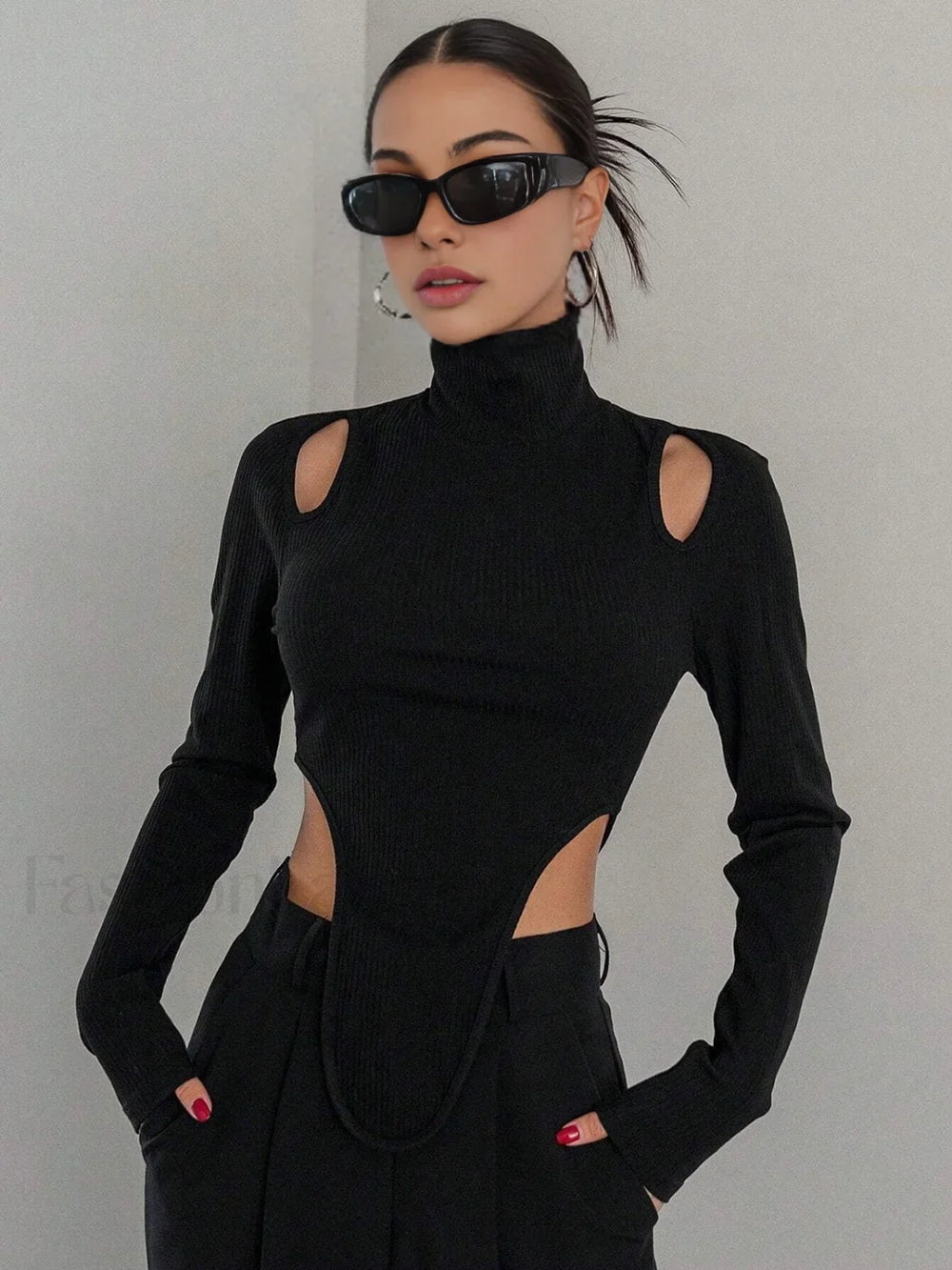 Cut Out High Trendy Neck Asymmetric Hem Top Black / XS T Shirts