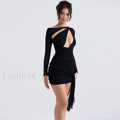 Cut Out Mesh Long Sleeve Wrap Bodycon Party Mini Dress Black M / Black Party Dresses L