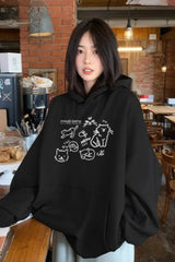 Cute Cat Print Loose Hoodie Black / M