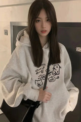 Cute Cat Print Loose Hoodie Grey / M