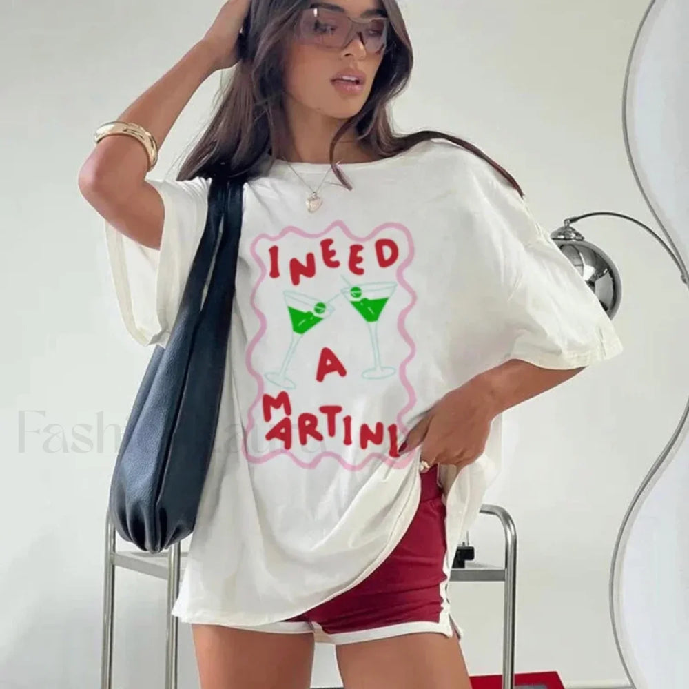 Cute Y2k Martini Print Cocktail Aesthetic T Shirt WHITE / S