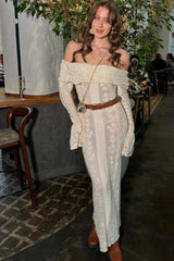 Cutout Off Shoulder Crochet Knit Bodycon Maxi Dress Apricot / S