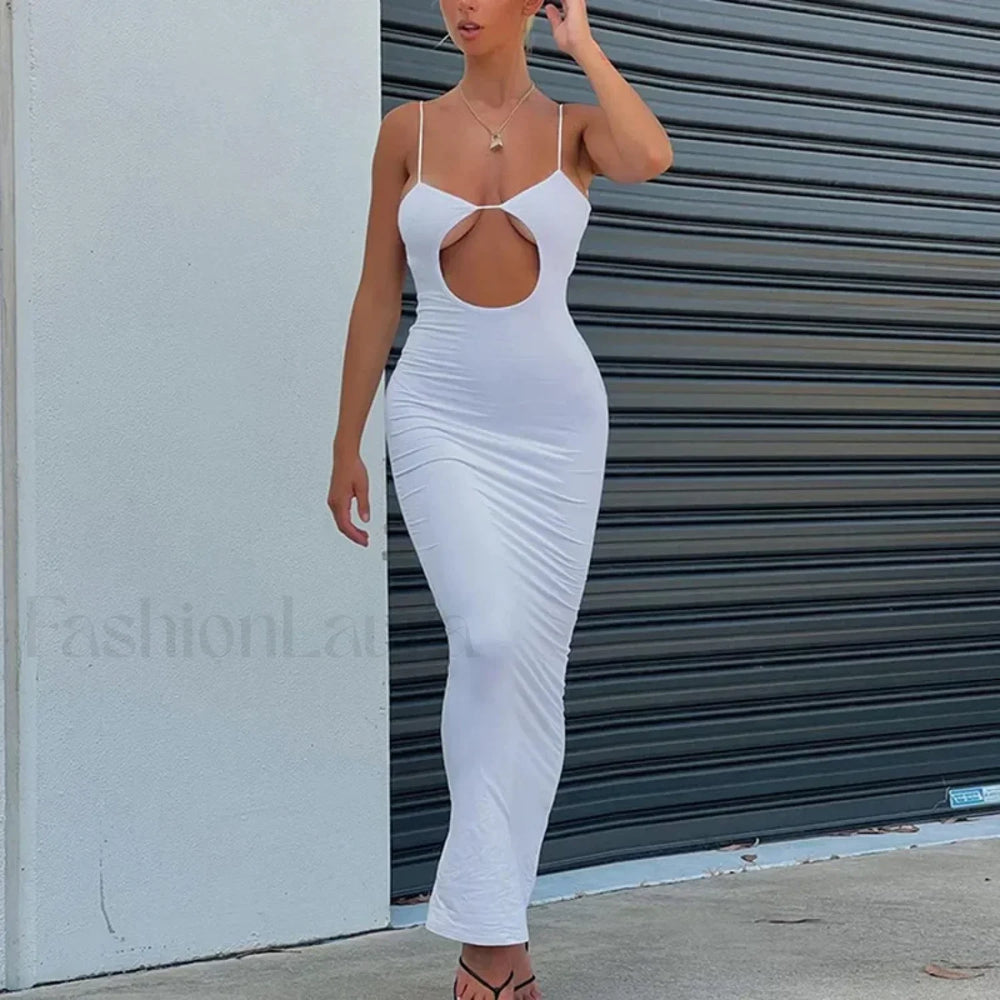 Cutout Slim Fit Suspender Maxi Dress WHITE / S