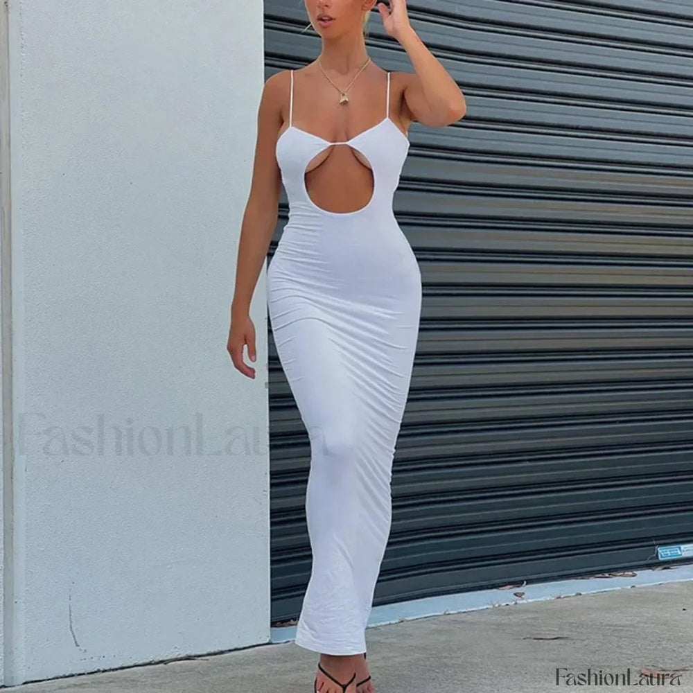 Cutout Slim Fit Suspender Maxi Dress WHITE / S