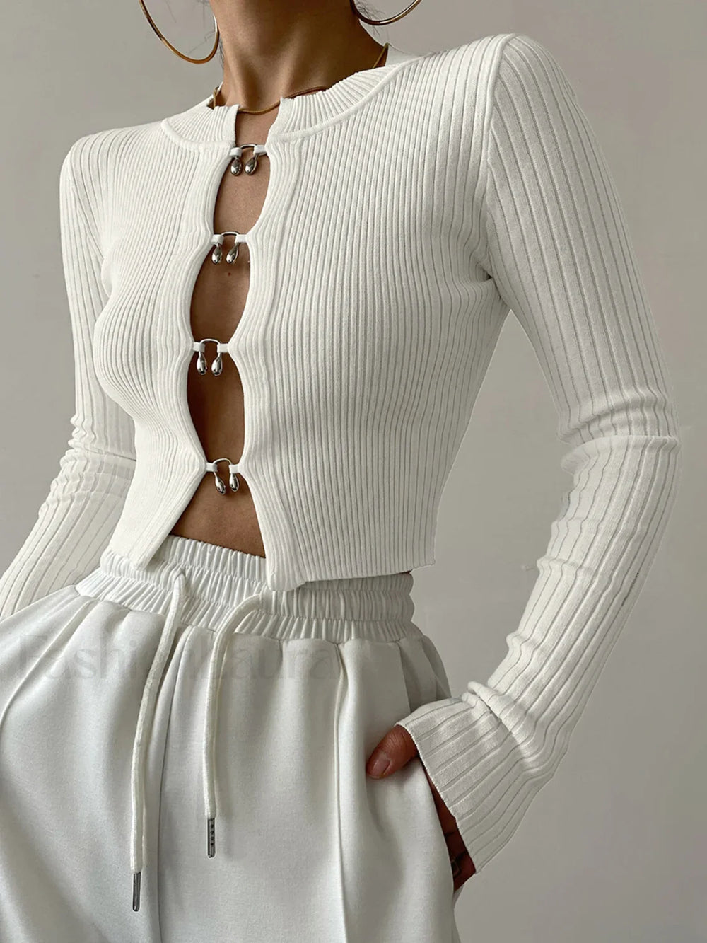 Cutout Split Beads Trendy Detail Ribbed Knit Top White / XS Sweaters L