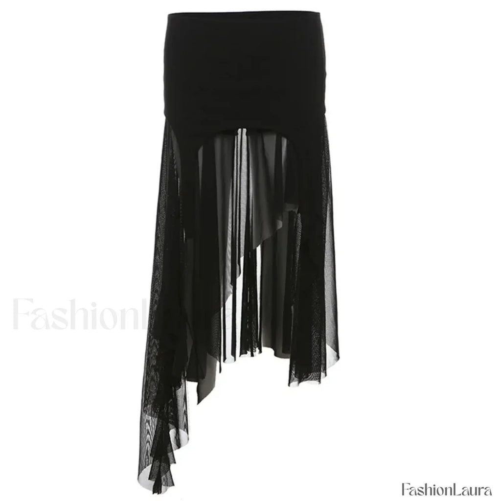 Cyber Y2K Irregular Hem Harajuku Mesh Patchwork Skirt Black / S